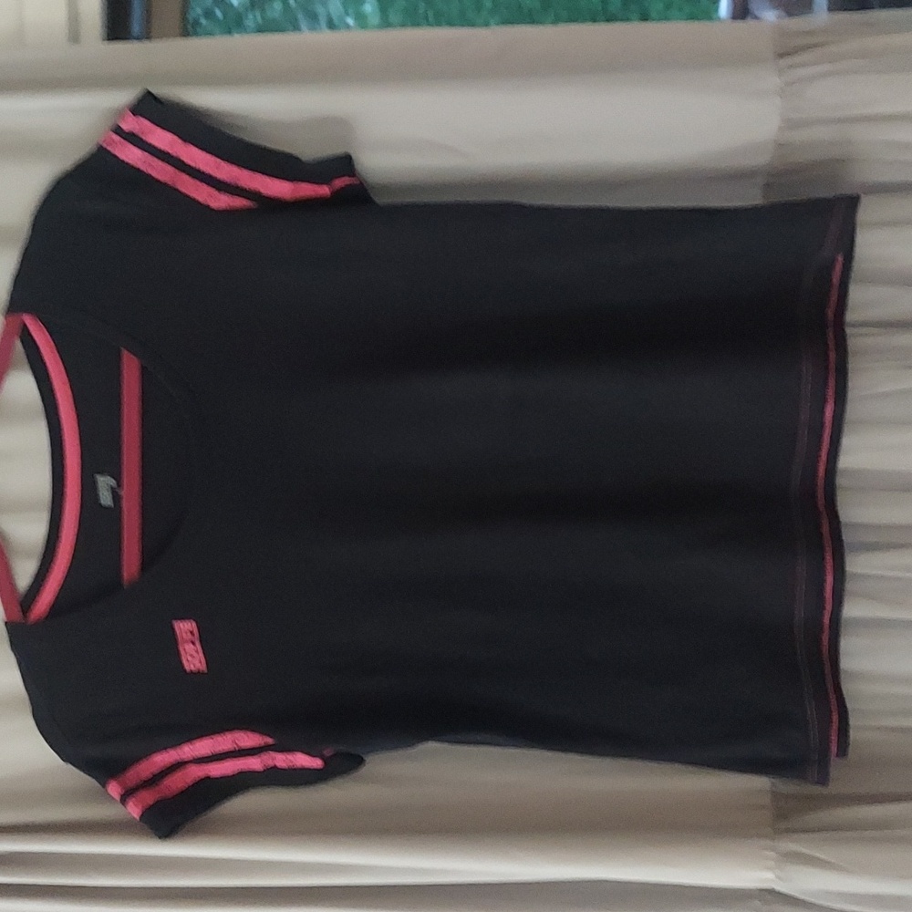 Soffe Women's Gym Class Cap Sleeve tee Shirt Black & Pink Stripe Sz L